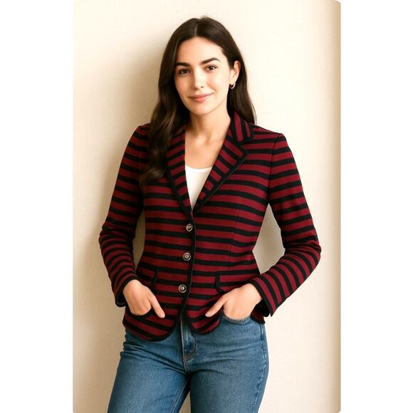 Banana Republic 4 Red Black Striped Stretch Ponte Knit Blazer Jacket Preppy - Picture 1 of 12